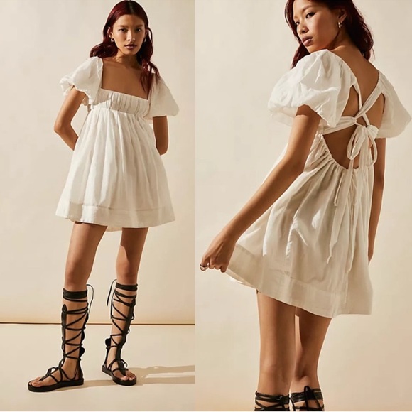 NWOT Free People Marina Puff Sleeves Low Back Mini Dress ivory white Sz M - Picture 1 of 8